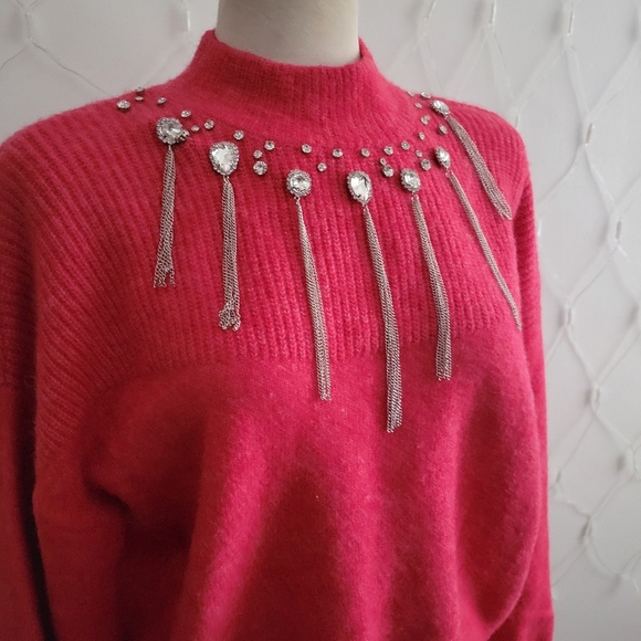 Calligraphie Mock Neck Sweater • Pink Heather • Jeweled Accents • X-LARGE - Picture 2 of 6